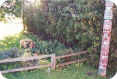 Fence accenting a side garden with fun totem pole